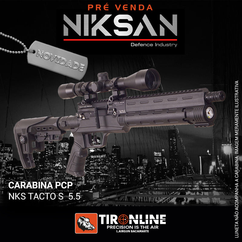 Carabina de Pressão NKS TACTO-S PCP Air Rifle Niksan 5,5mm/.22Cal. + Luneta TAG 4x20 + lata de chumbinhos